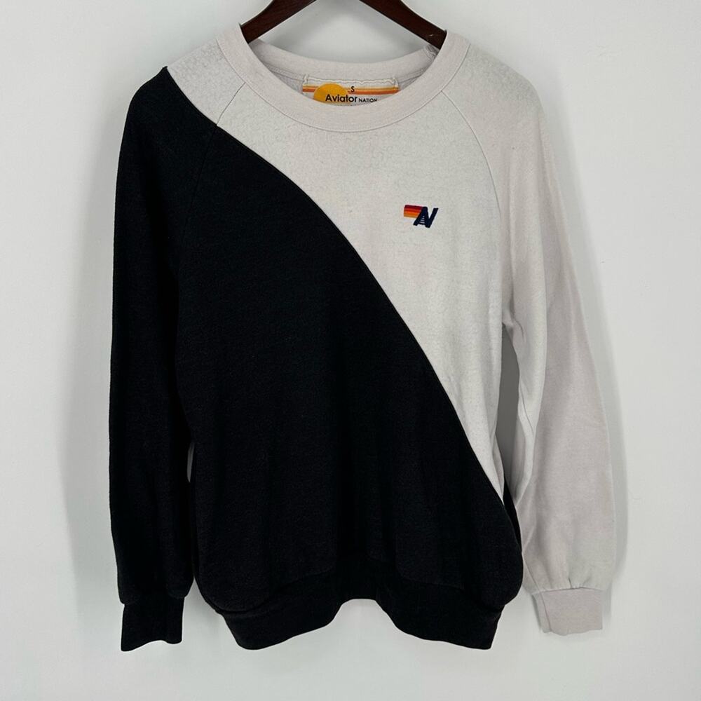 Aviator Nation Split Colorblock Black White Sweatshirt Crewneck Unisex Small